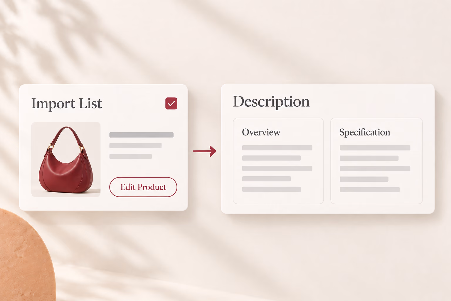 Import List leads through Edit Product to Description, which contains separate Overview and Specification sections.