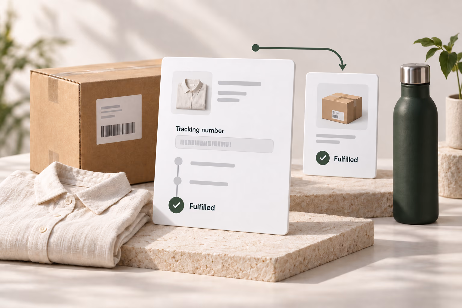 A supplier tracking record connected to a fulfilled order card beside a packed parcel