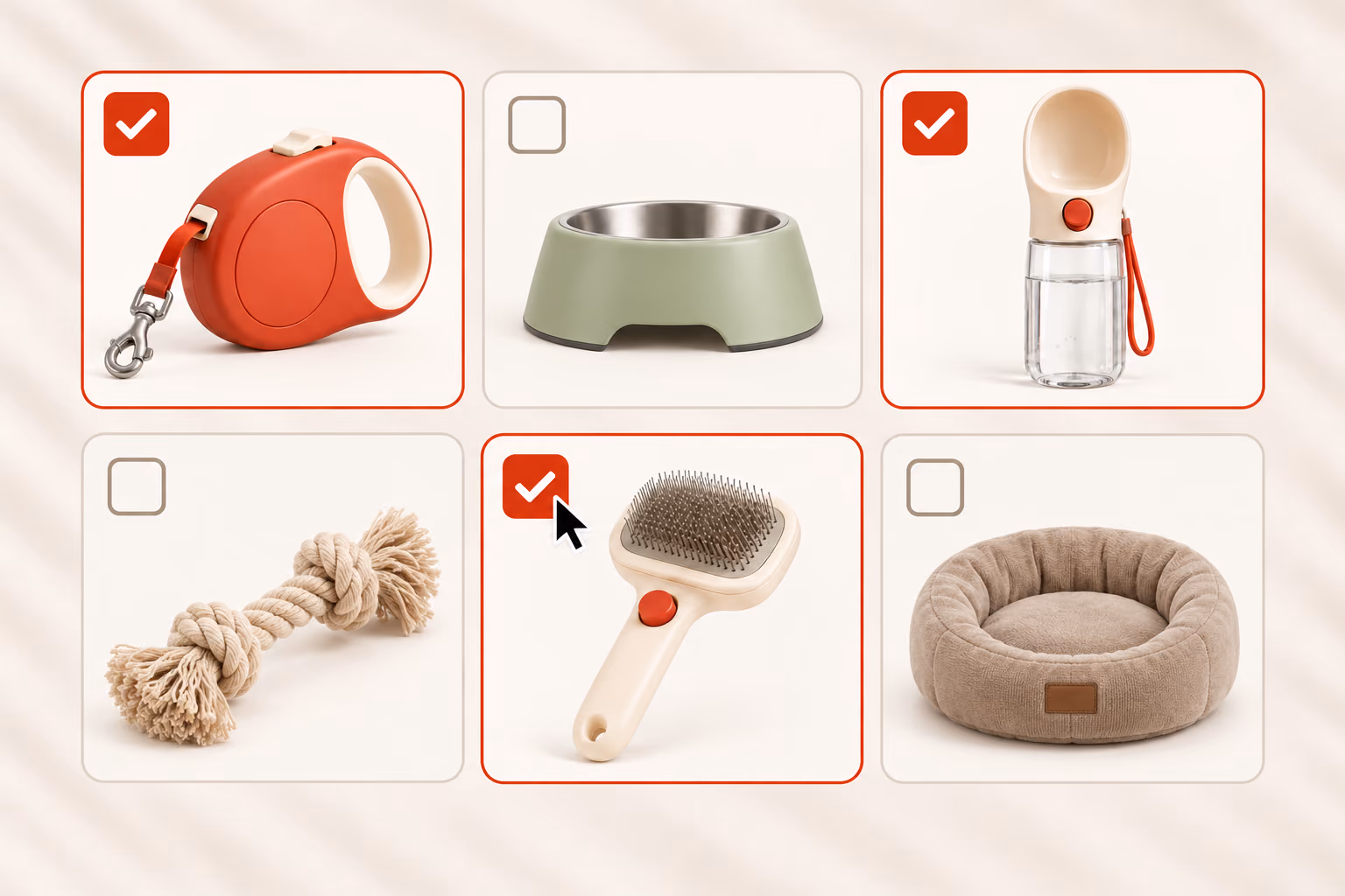 Selecting a retractable leash, pet water bottle and grooming brush from six pet products, with three checked boxes and a pointer.