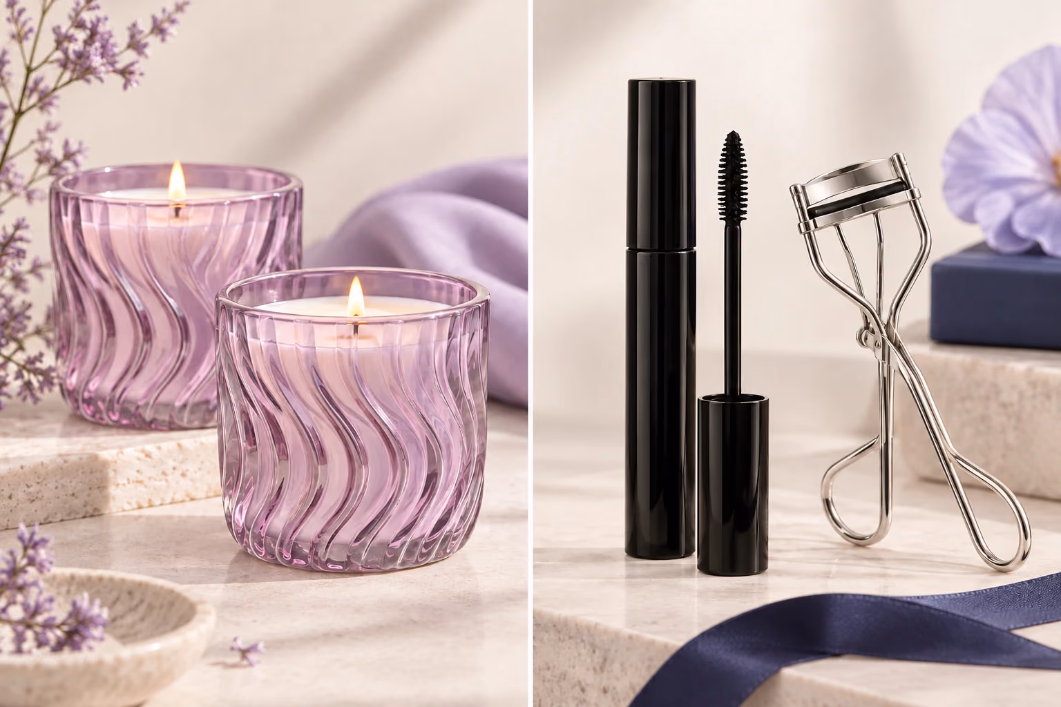 Two matching scented candles and a mascara paired with an eyelash curler gift