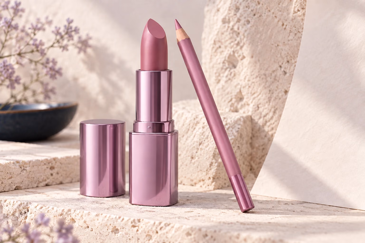 Dusty rose lipstick as the purchased product paired with a matching lip liner gift