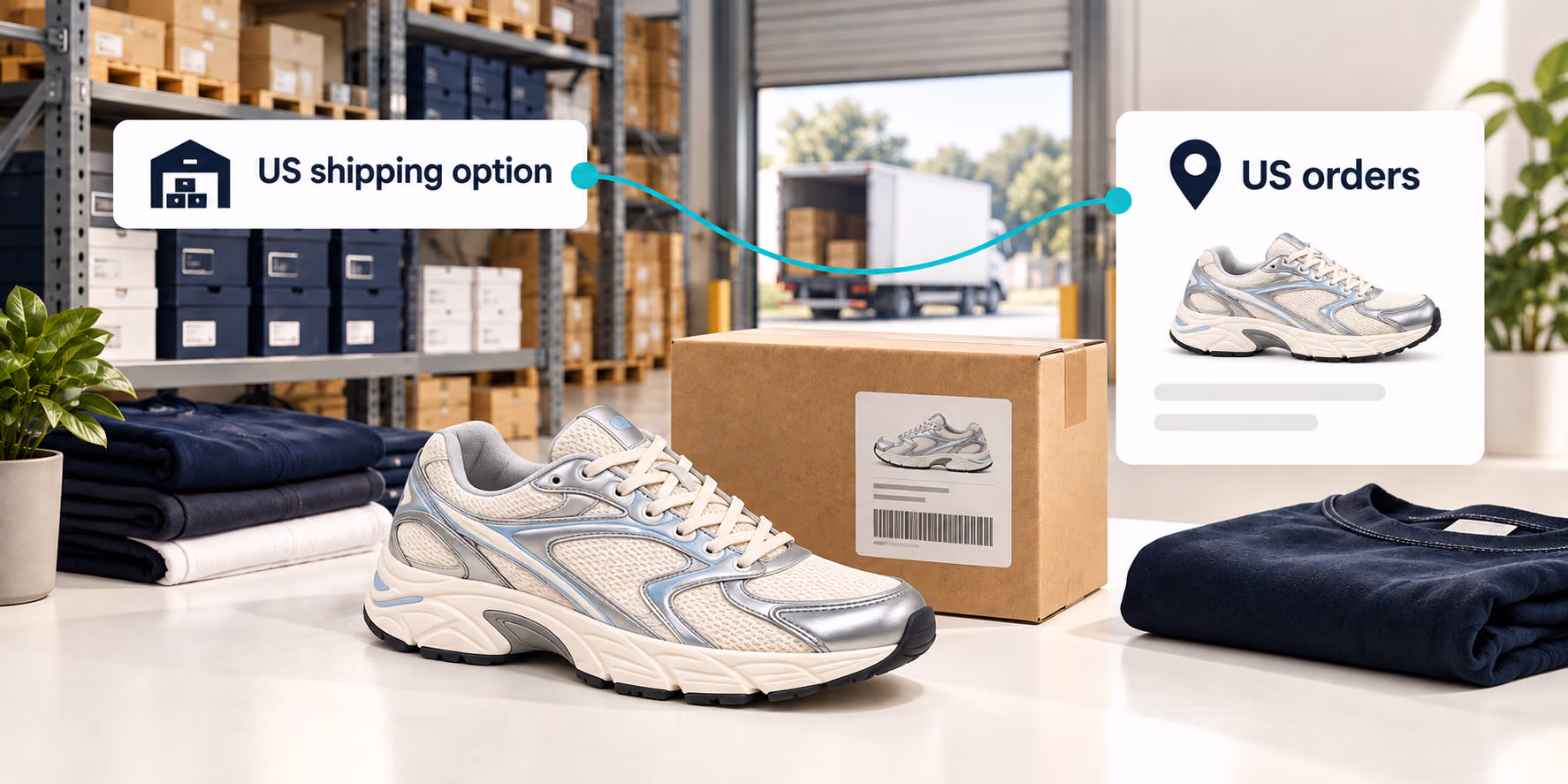 US shipping stock and a selected product connected to US orders in a warehouse packing scene