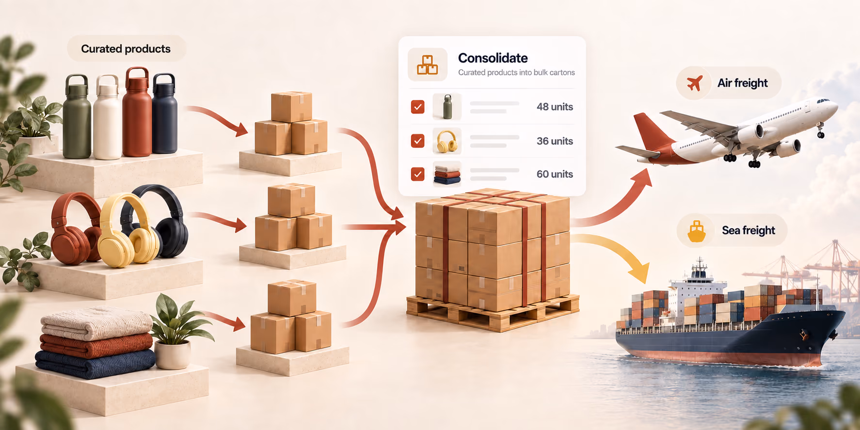Wholesale products in bulk quantities consolidated into cartons with air and sea freight options