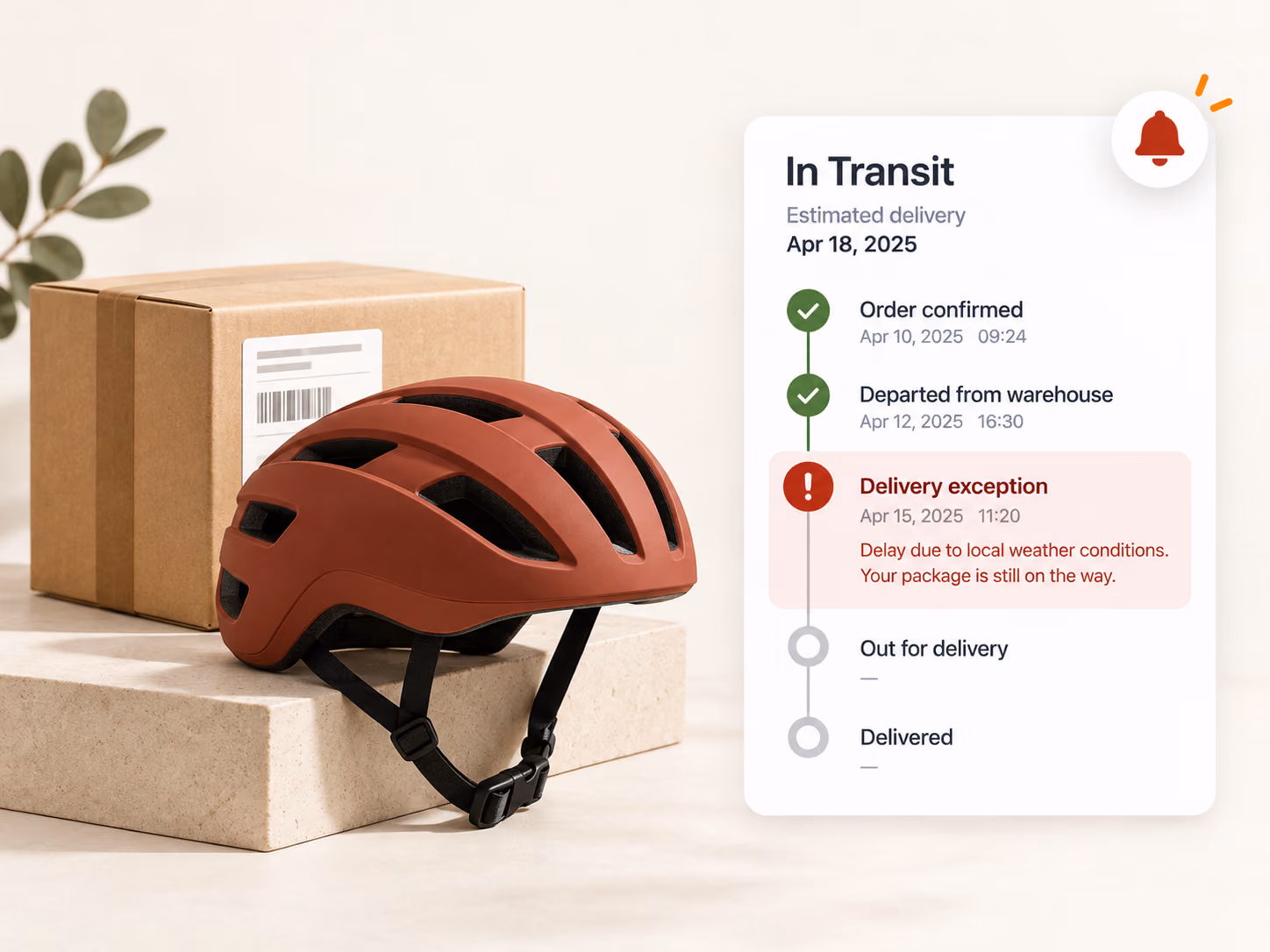 Package journey with a delivery exception highlighted for review