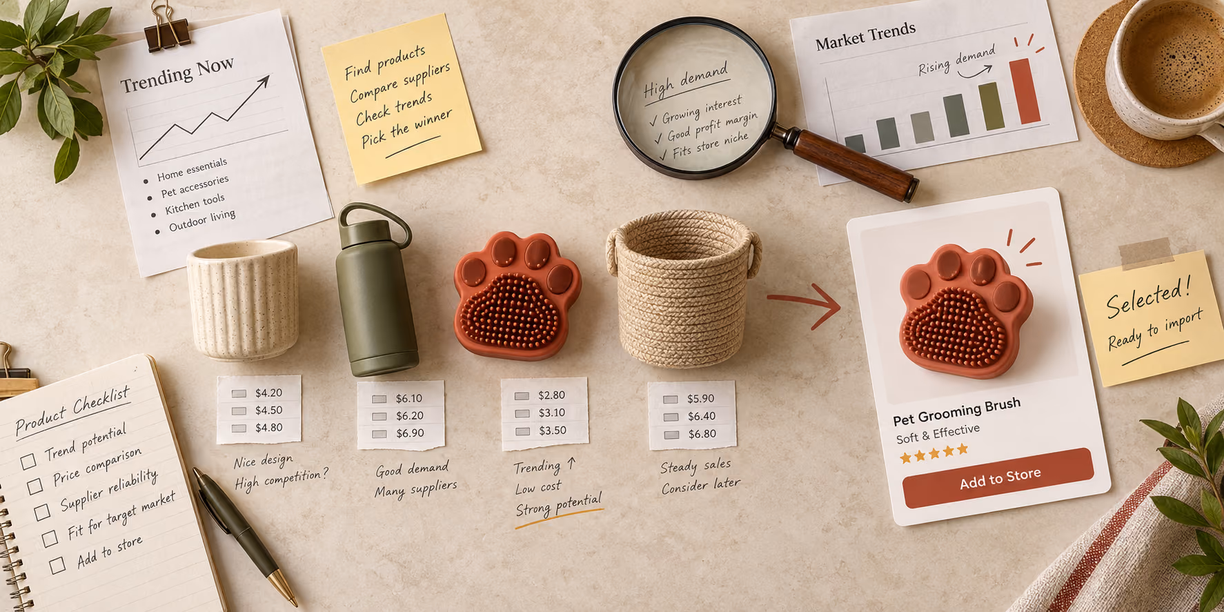 Product samples compared with demand, supplier, and price signals before one item is selected