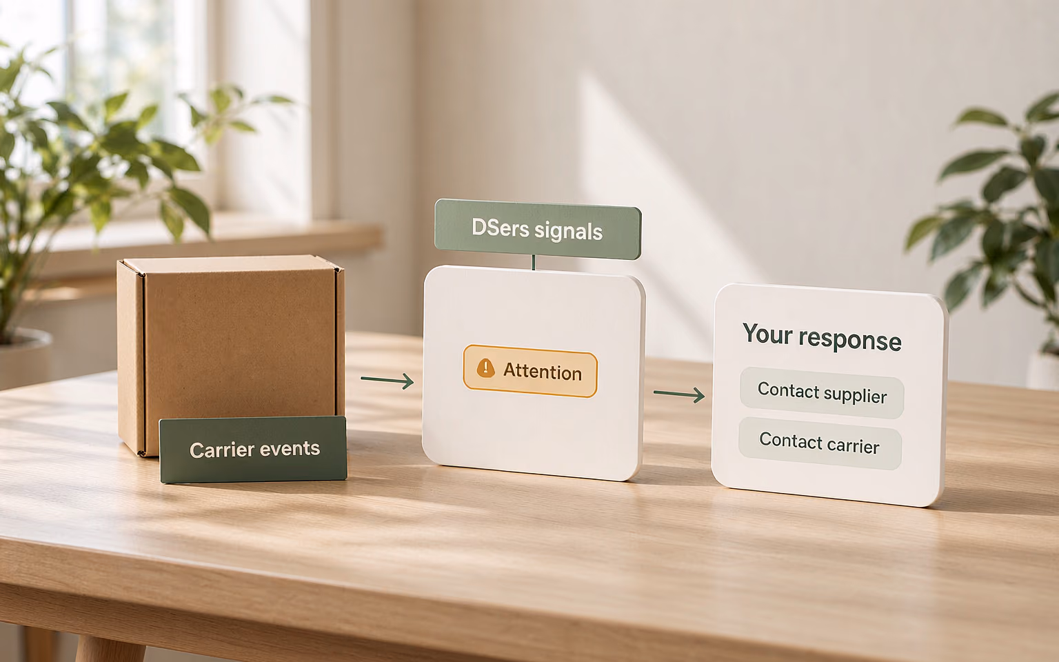 Carrier events flow into DSers Attention signals, and the merchant responds by contacting the supplier or the carrier