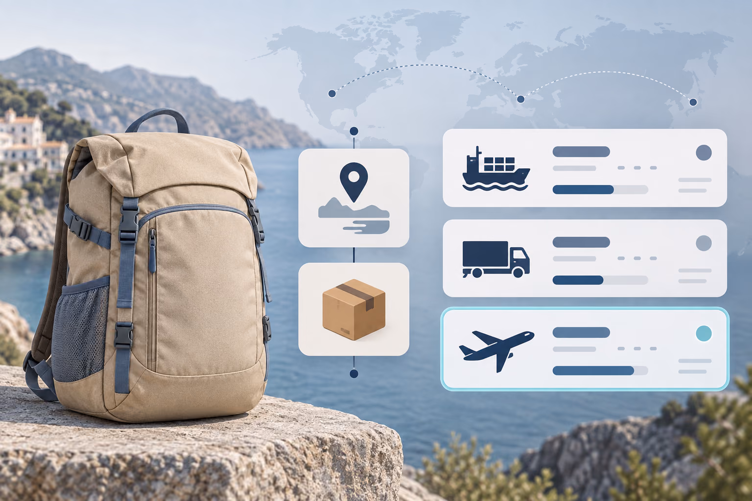 A travel backpack filtered by destination and shipping method into three route options