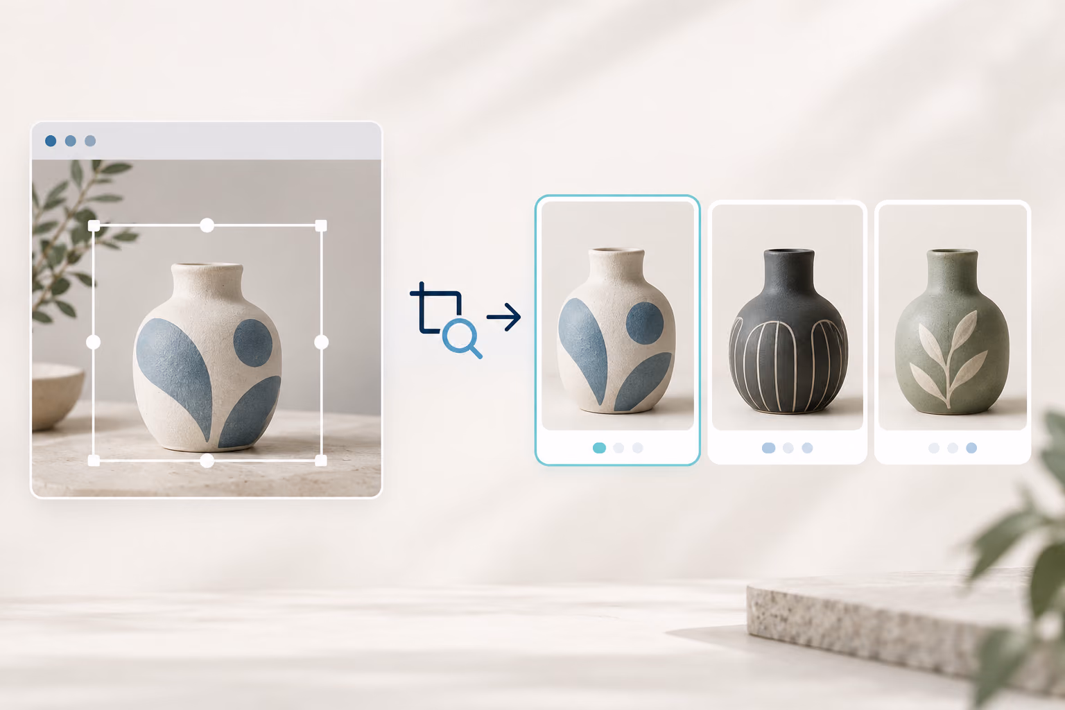 A ceramic vase cropped from a webpage image and matched to three similar product cards