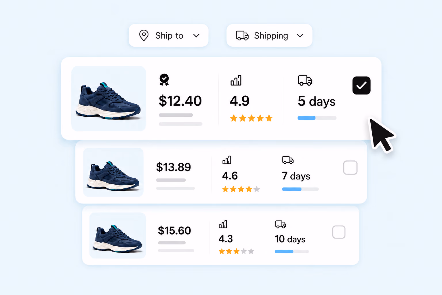 Supplier offers compared by price, rating, and delivery time