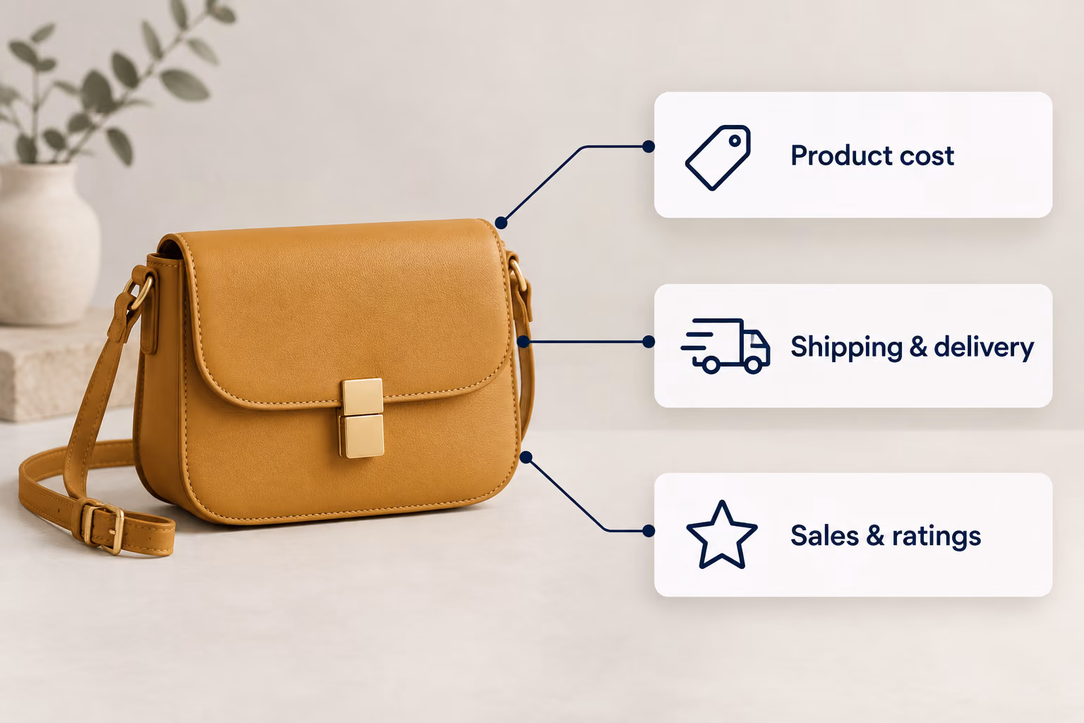 A bag supplier result connected to product cost, shipping and delivery, and sales and ratings