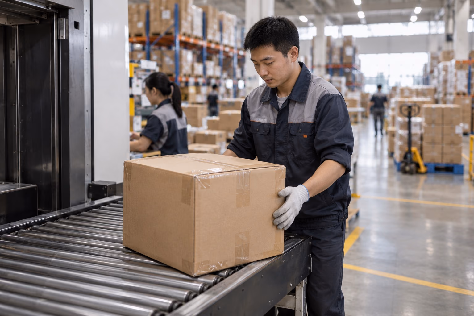 A parcel being handled on a conveyor in an ecommerce fulfillment warehouse.