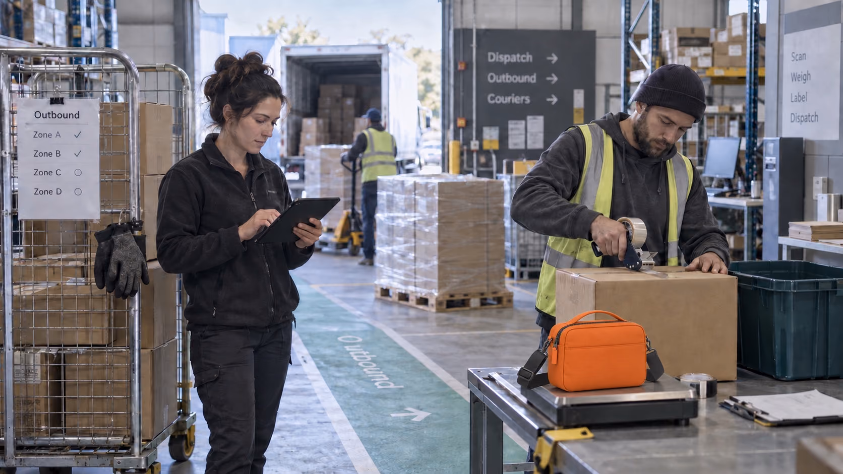 Fulfillment team weighing the orange crossbody bag while preparing a sealed parcel for outbound delivery
