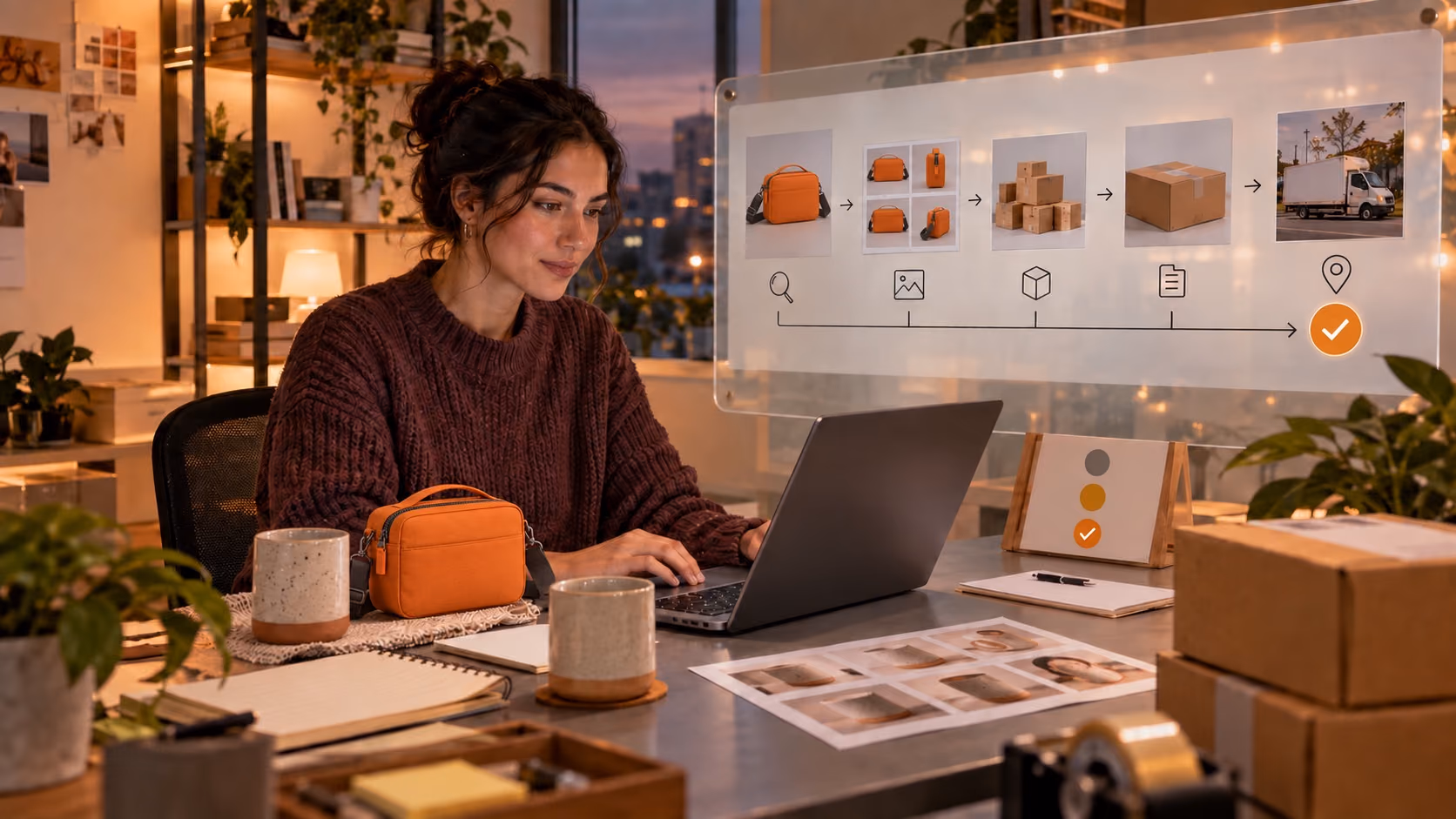 Ecommerce operator reviewing an automated workflow for the orange crossbody bag from listing to shipping approval