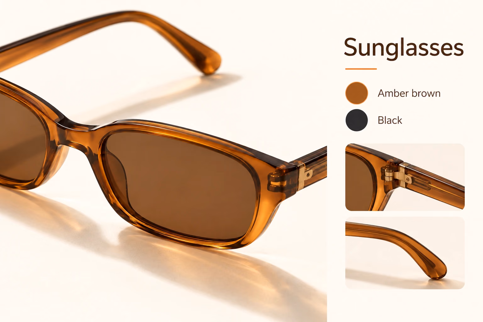 Sunglasses details and frame color options.