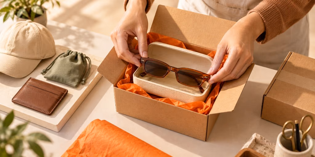 Hands packing sunglasses into a case inside a shipping box lined with orange tissue paper.