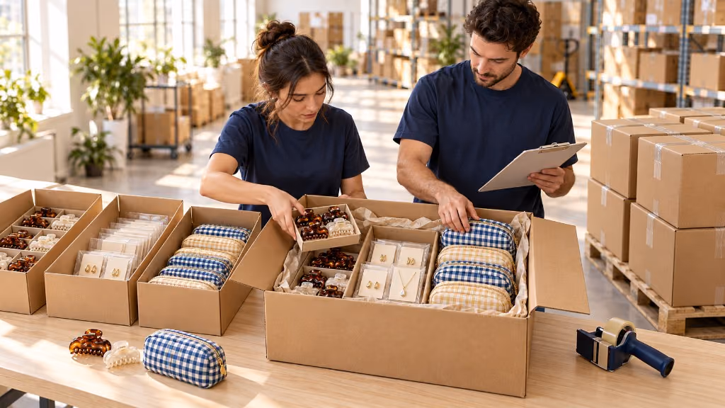 Two warehouse teammates packing fashion accessories into shipping boxes for wholesale fulfillment