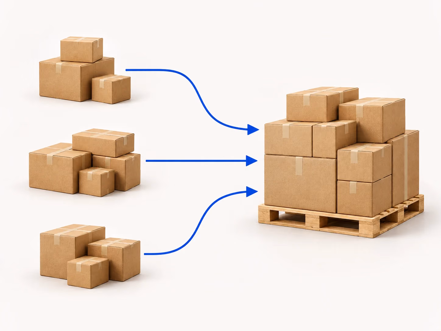 Three groups of supplier cartons converge into one consolidated pallet shipment