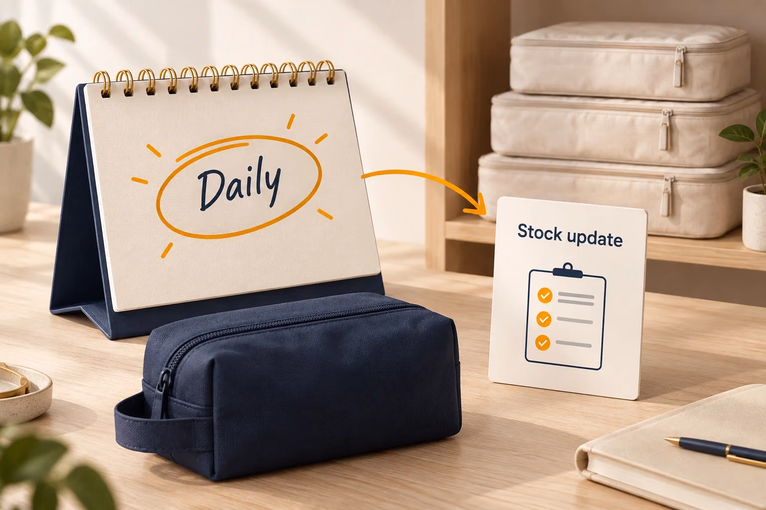 Daily supplier stock checks shown with a calendar and mapped travel products.