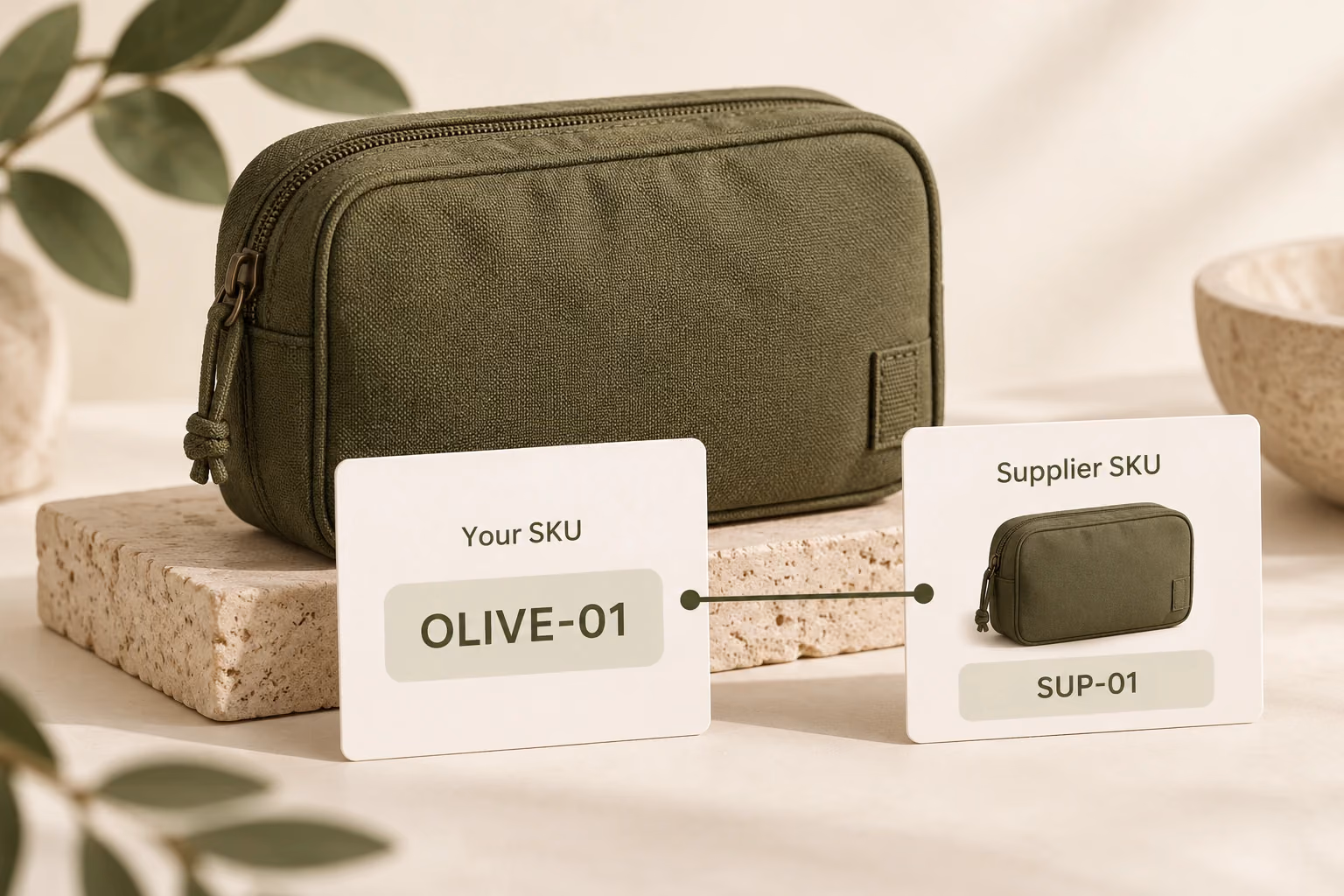 An olive travel organizer SKU connects to one matching supplier SKU