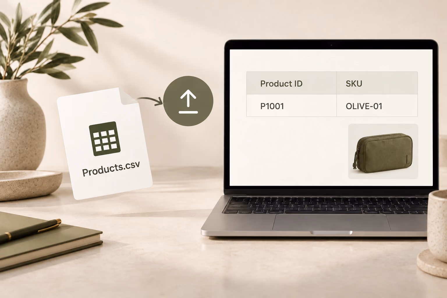A product CSV contains a Product ID and SKU before upload