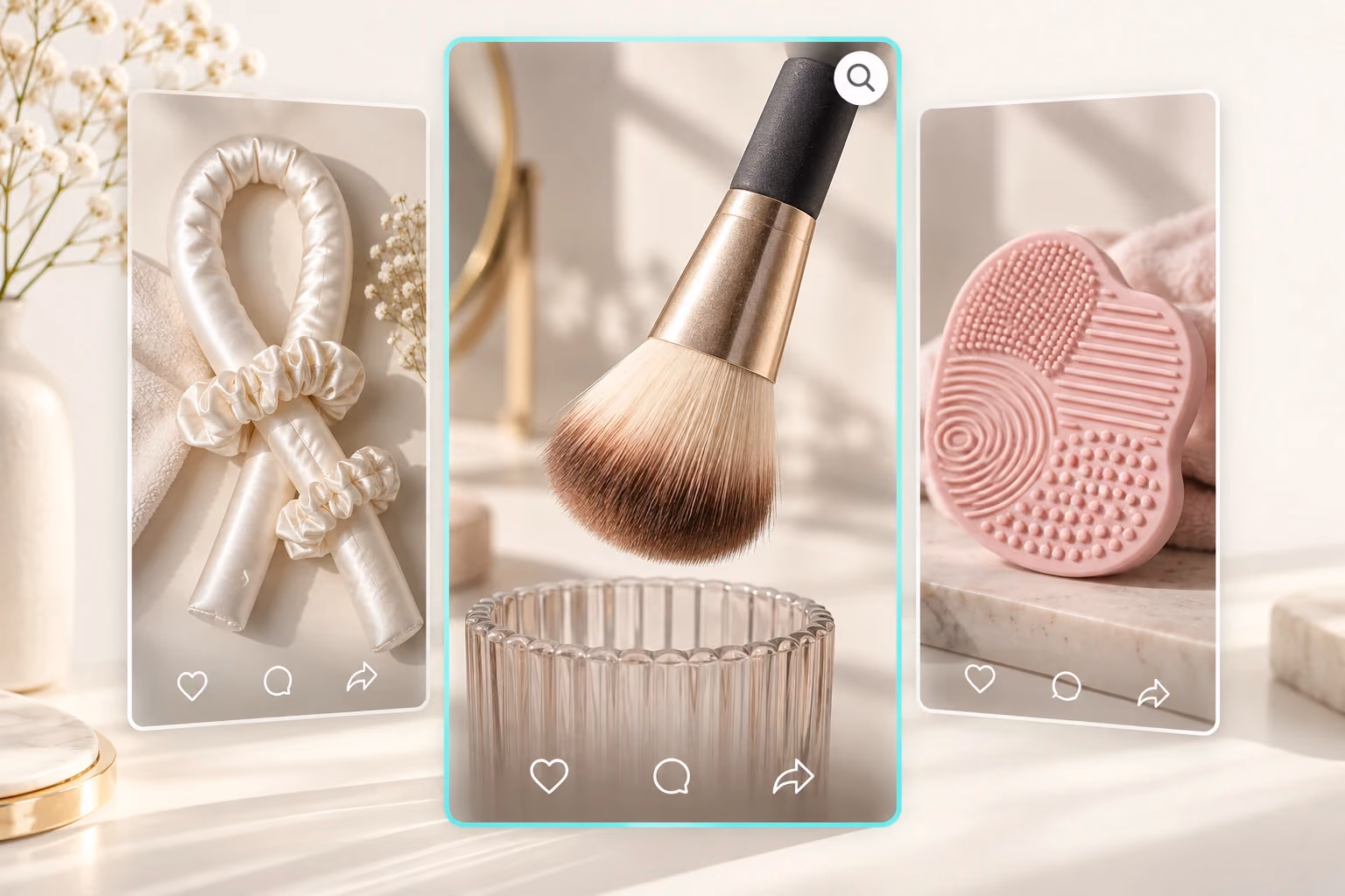 Three beauty product video concepts illustrate comparing product ideas and engagement.