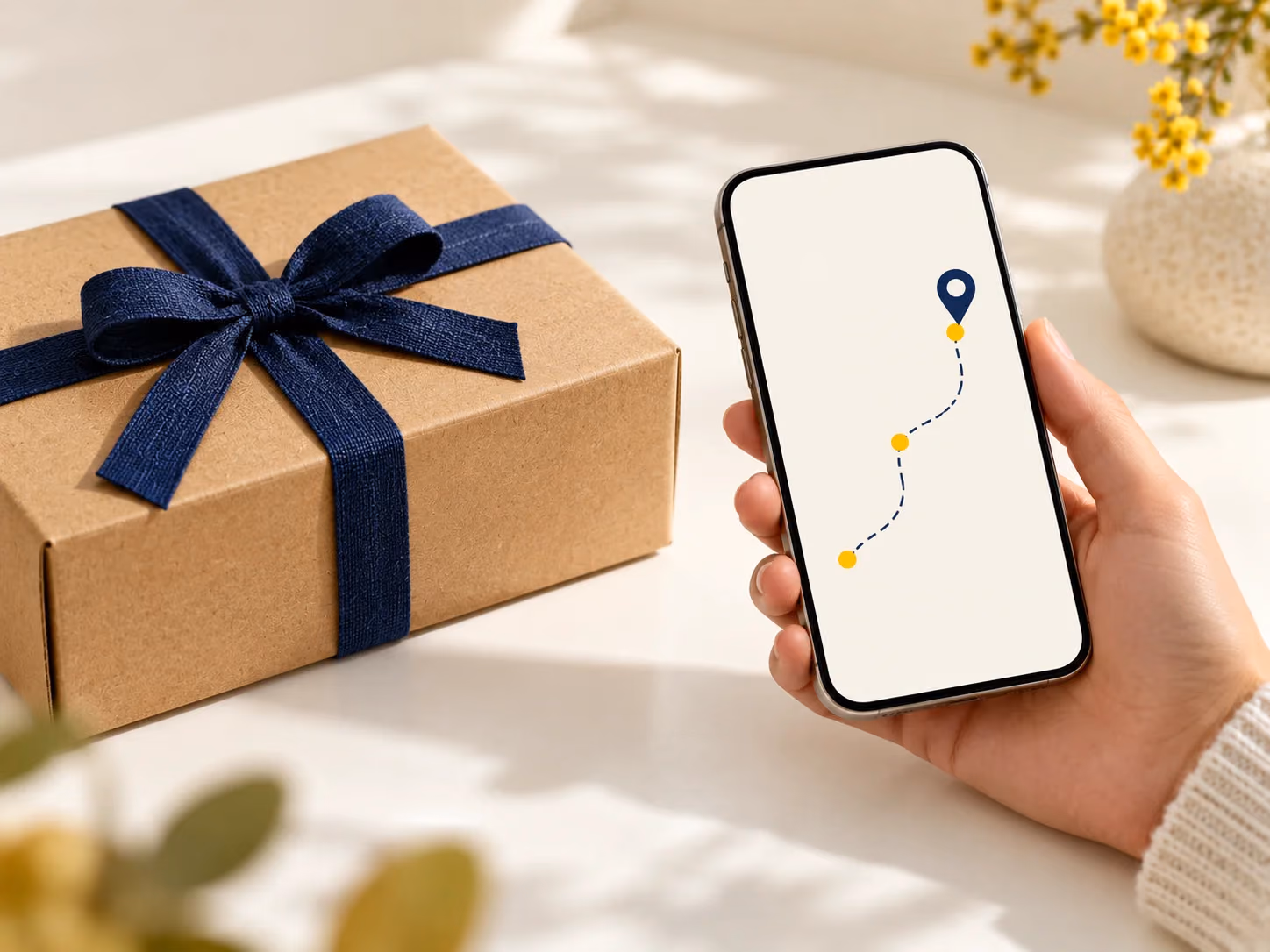 A parcel beside a phone showing a simple shipment route.