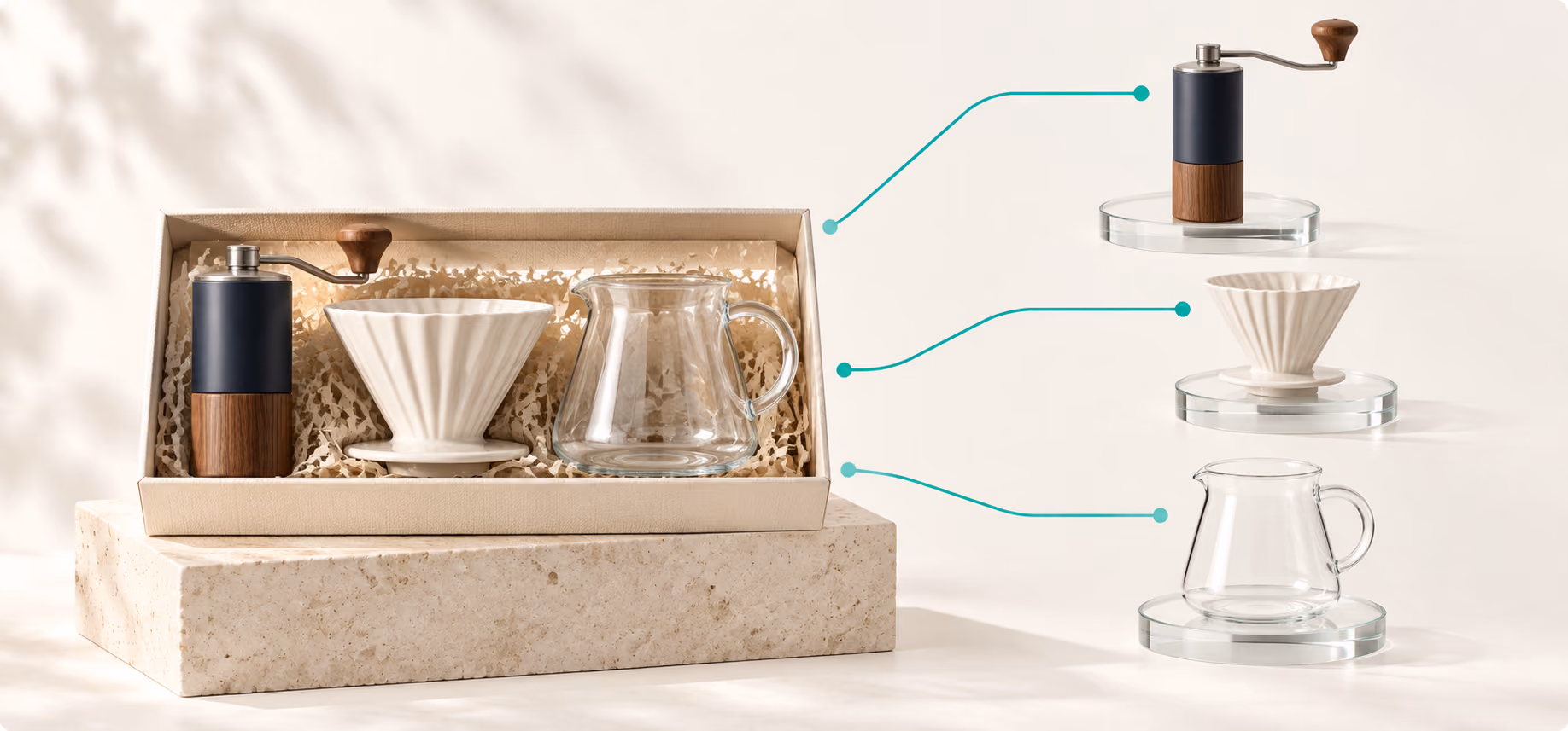 A pour-over coffee bundle connected to its grinder, dripper, and glass server components