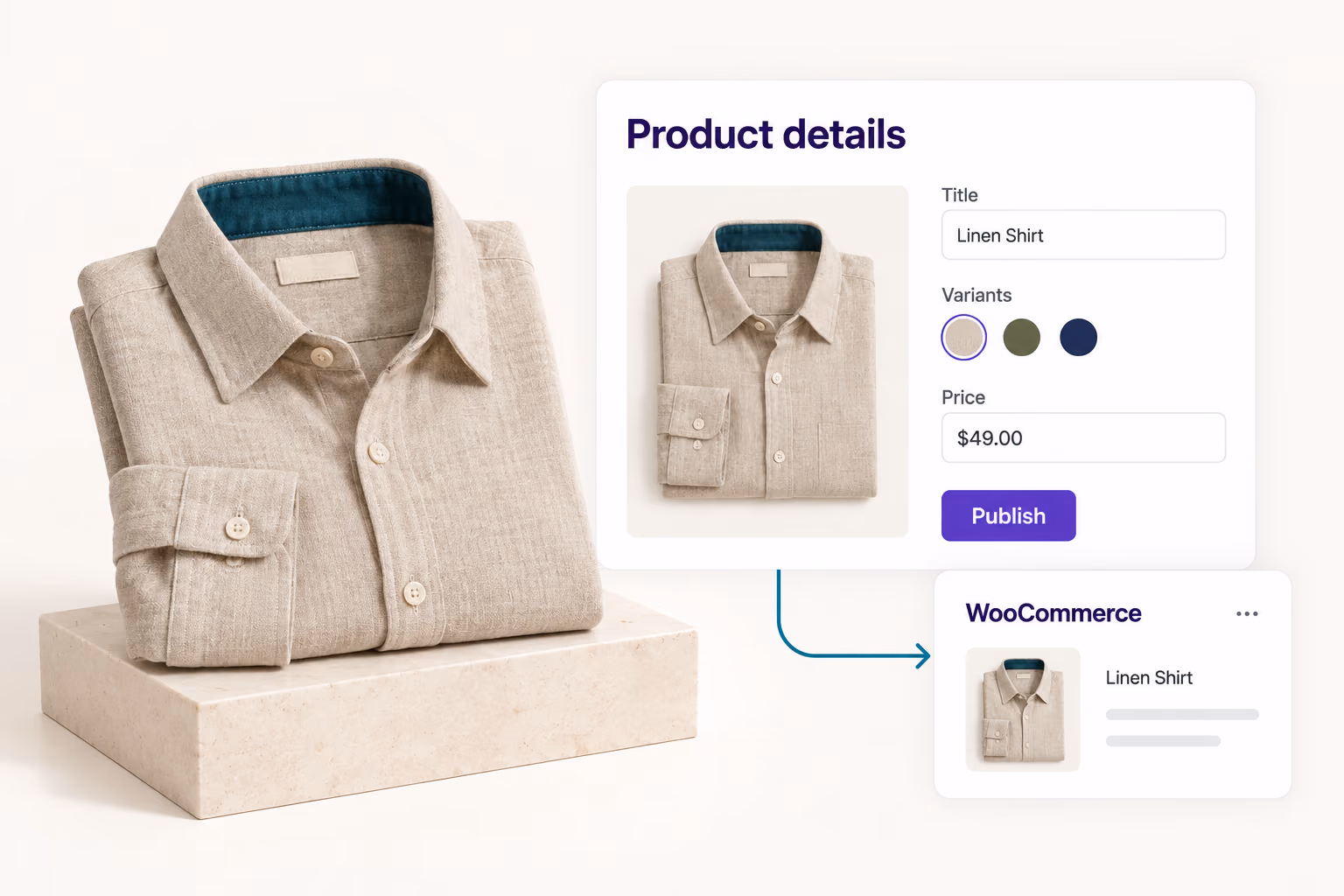 A linen shirt beside a product details card and a WooCommerce publishing destination