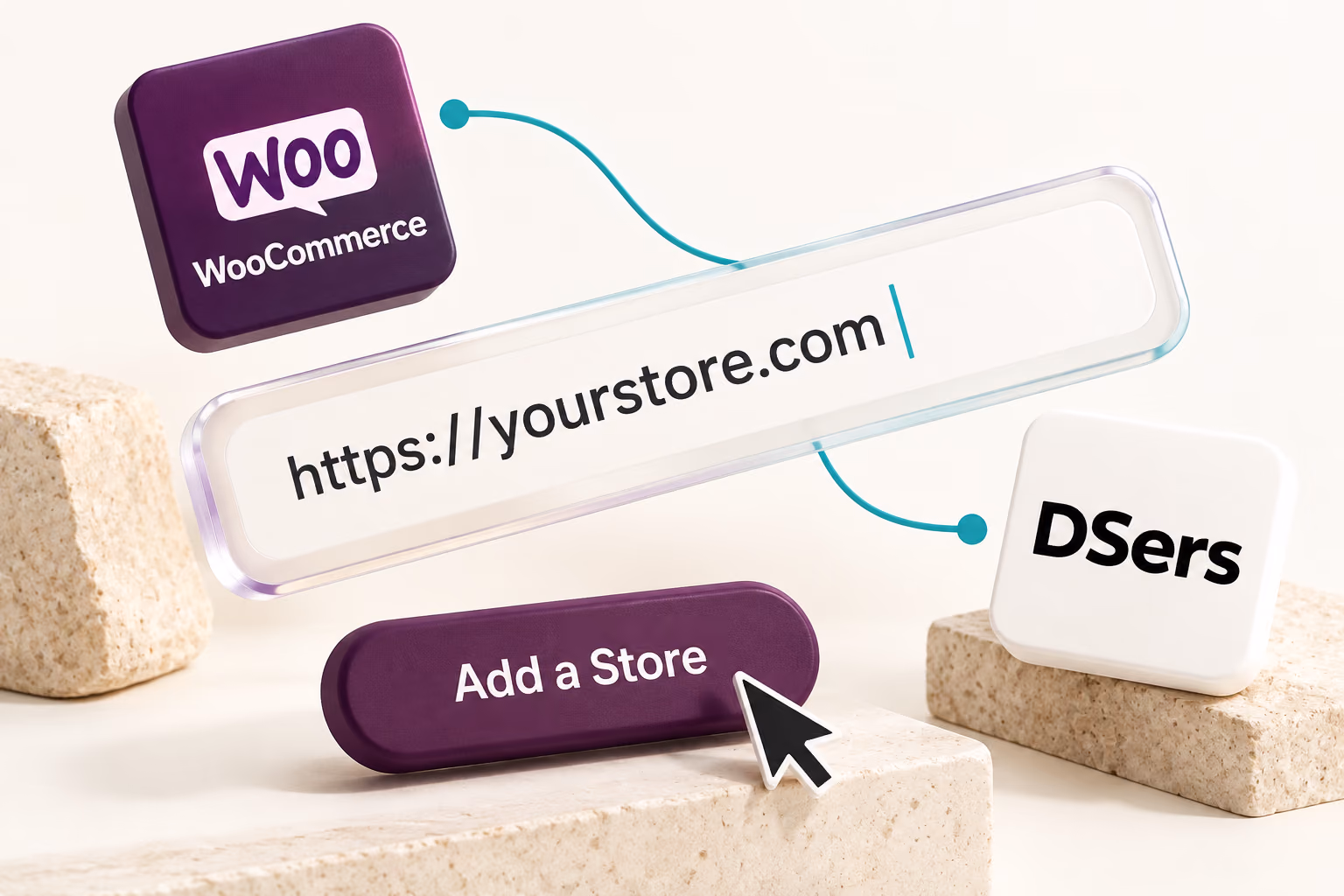 A store address entry linking a WooCommerce selection to the DSers Add a Store action